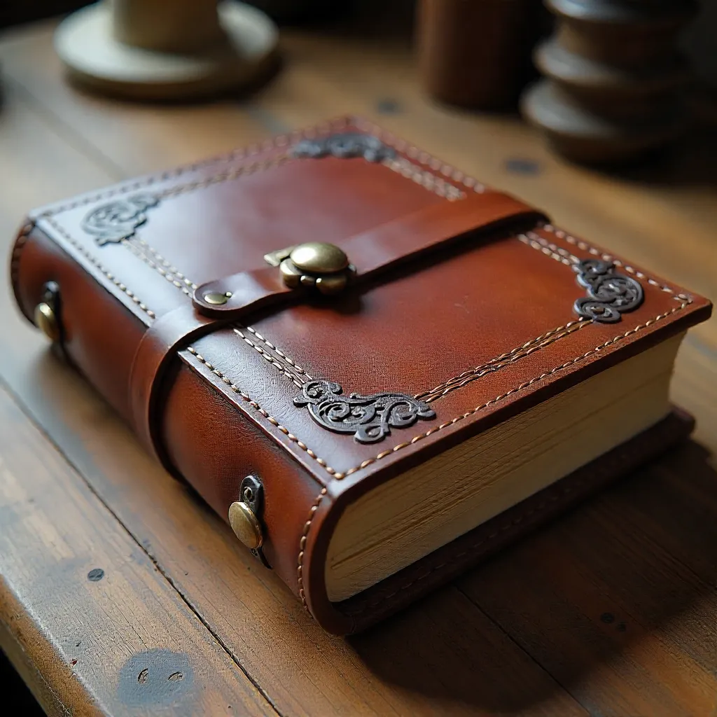Handcrafted bookbinding detail showing intricate stitching